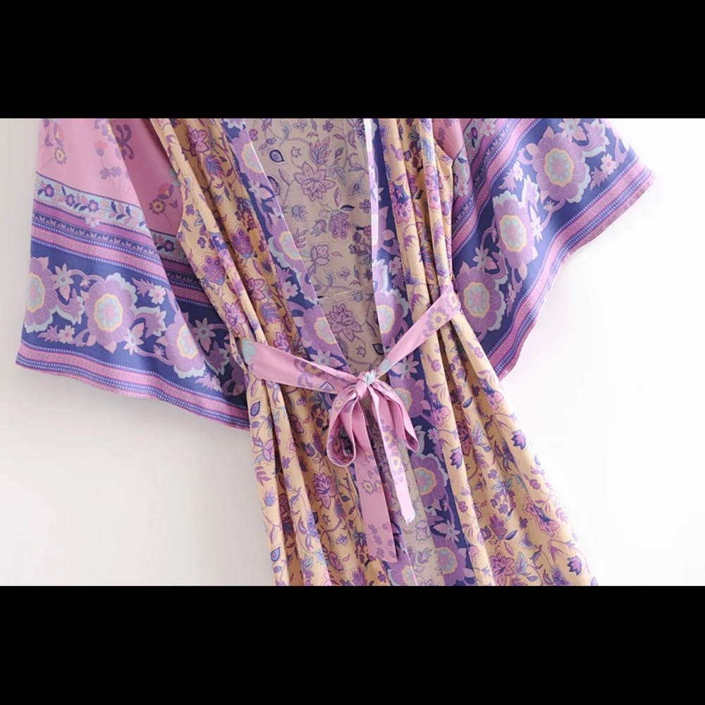 Boho gypsy kimono maxi duster pink purple cover up - Picture 4 of 6